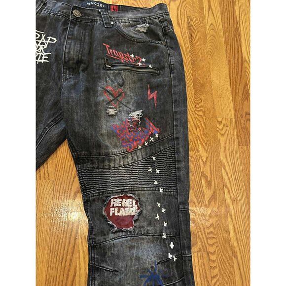 Makobi Men's Black Jeans 38 x 32 96281 Trap or Die - Picture 9 of 11